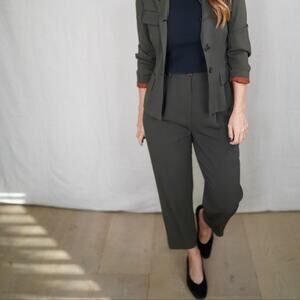 Vintage Olive Ribbed Tailored Trouser Pant High Waist Straight Leg